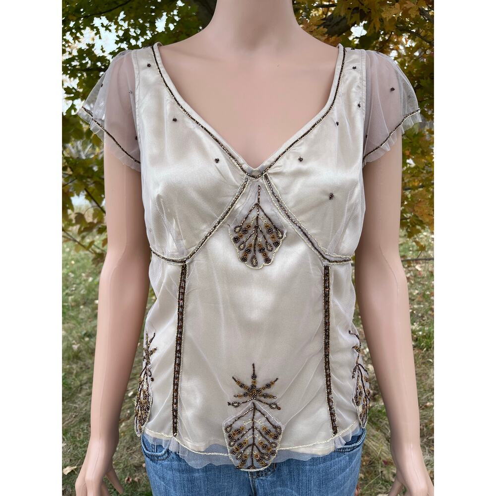 Bandolino Ivory Satin Beaded V-Neck Blouse